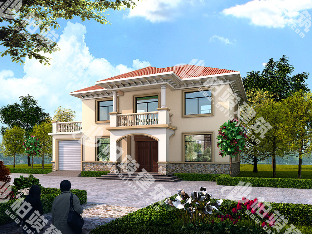 二層自建房設(shè)計(jì)圖，簡(jiǎn)歐風(fēng)格，帶車庫(kù)雙露臺(tái)