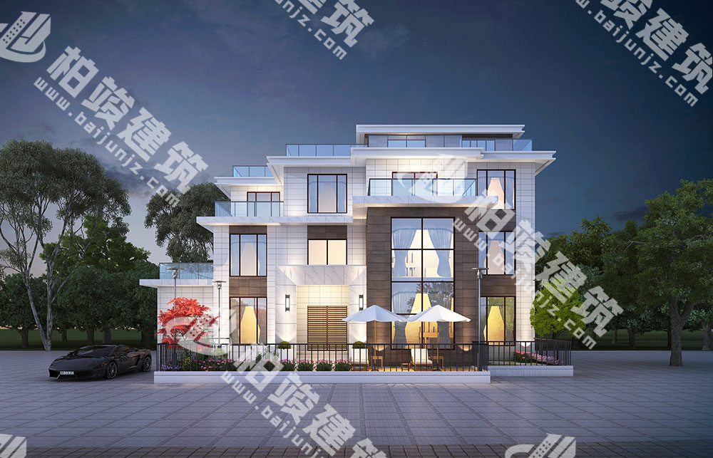 農(nóng)村三層自建房設(shè)計(jì)圖，現(xiàn)代感外形，平屋頂設(shè)計(jì)，帶車庫(kù)、5露臺(tái)