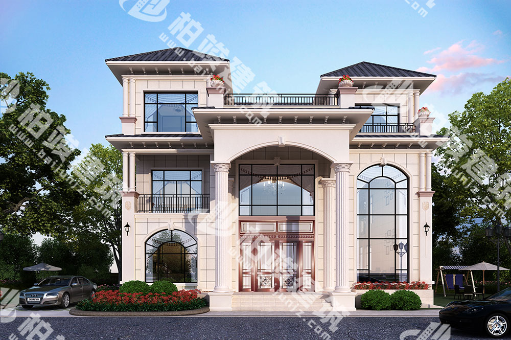 農(nóng)村三層簡(jiǎn)歐風(fēng)別墅設(shè)計(jì)圖，超寬闊門庭大氣尊貴，帶挑空客廳落地窗