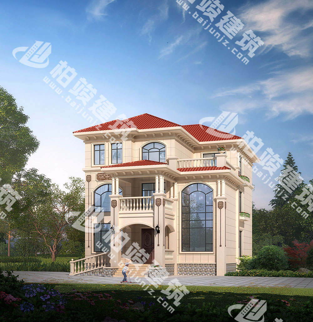 農(nóng)村三層別墅設(shè)計(jì)圖紙，簡歐風(fēng)格，帶雙層落地窗、輪椅坡道