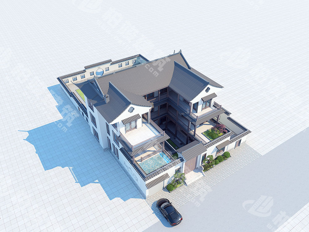 農(nóng)村自建三層三合院設(shè)計(jì)圖，內(nèi)部10室，帶大面積中式庭院