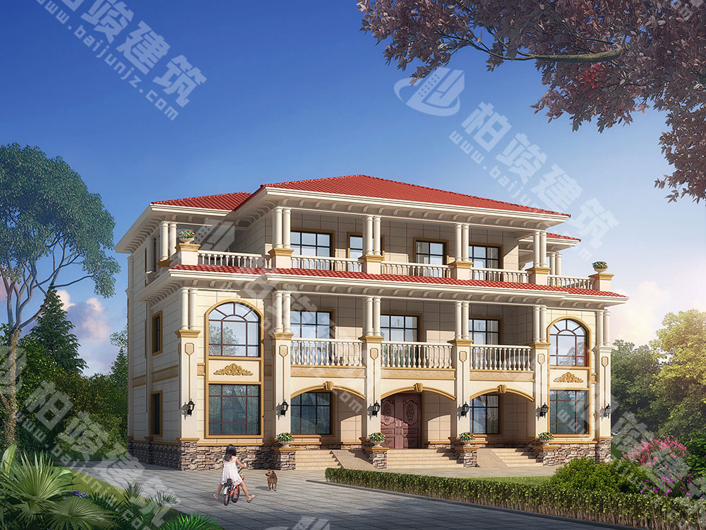 農(nóng)村自建房設(shè)計(jì)圖，三層雙拼別墅，氣派簡(jiǎn)歐風(fēng)格，帶堂屋神龕位