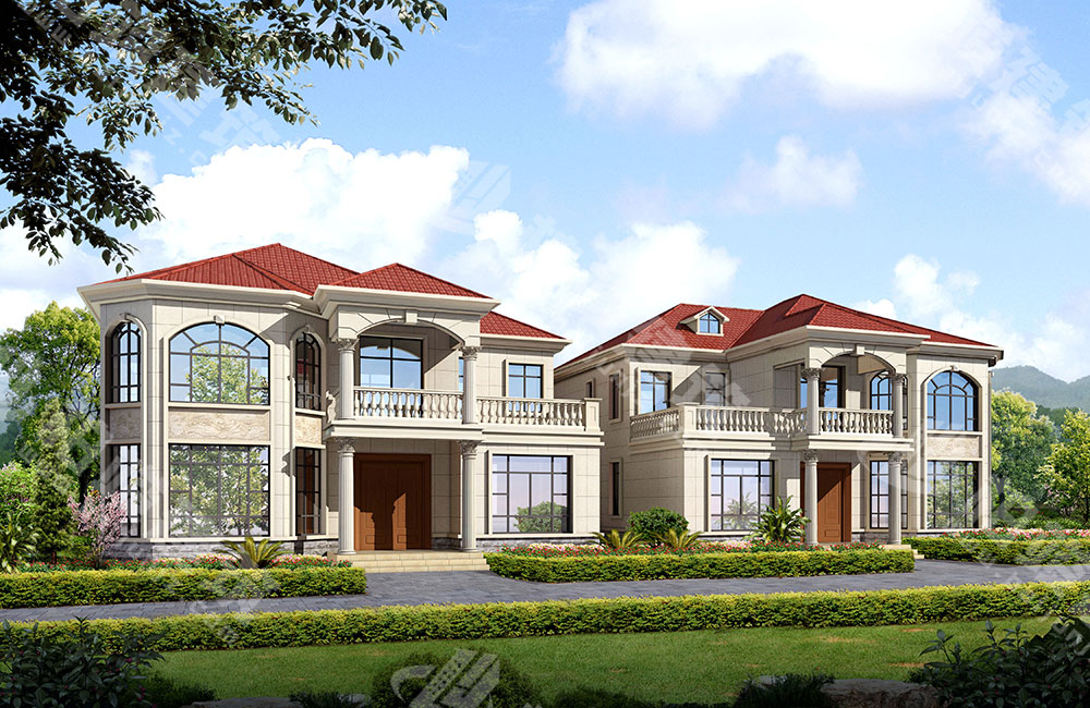 農(nóng)村二層小別墅設(shè)計(jì)，簡(jiǎn)歐風(fēng)格，挑空客廳帶八角落地窗，采光絕佳