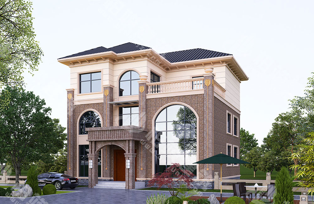 農(nóng)村自建房設(shè)計(jì)圖，三層簡(jiǎn)歐風(fēng)格，外形恢弘典雅，帶超高落地窗、電梯、煙囪