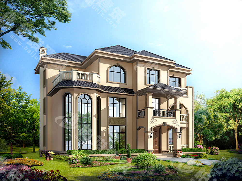 農村自建房建筑圖紙，三層雙拼簡歐風格，外形大氣典雅，內部9室