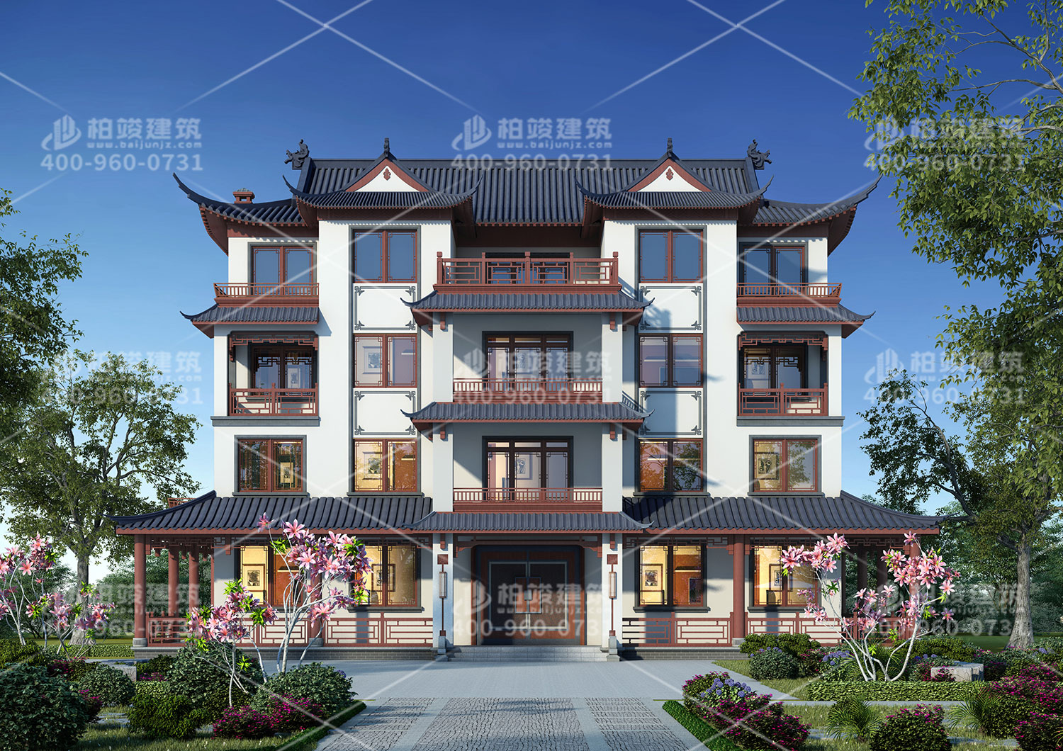 四層中式別墅效果圖，帶車庫設(shè)計(jì)出行更方便。