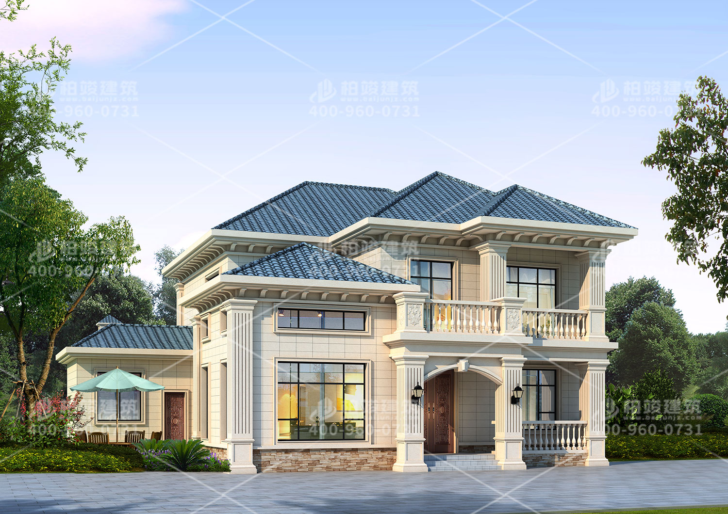 新中式別墅設計圖，帶輔房墨綠色房頂。