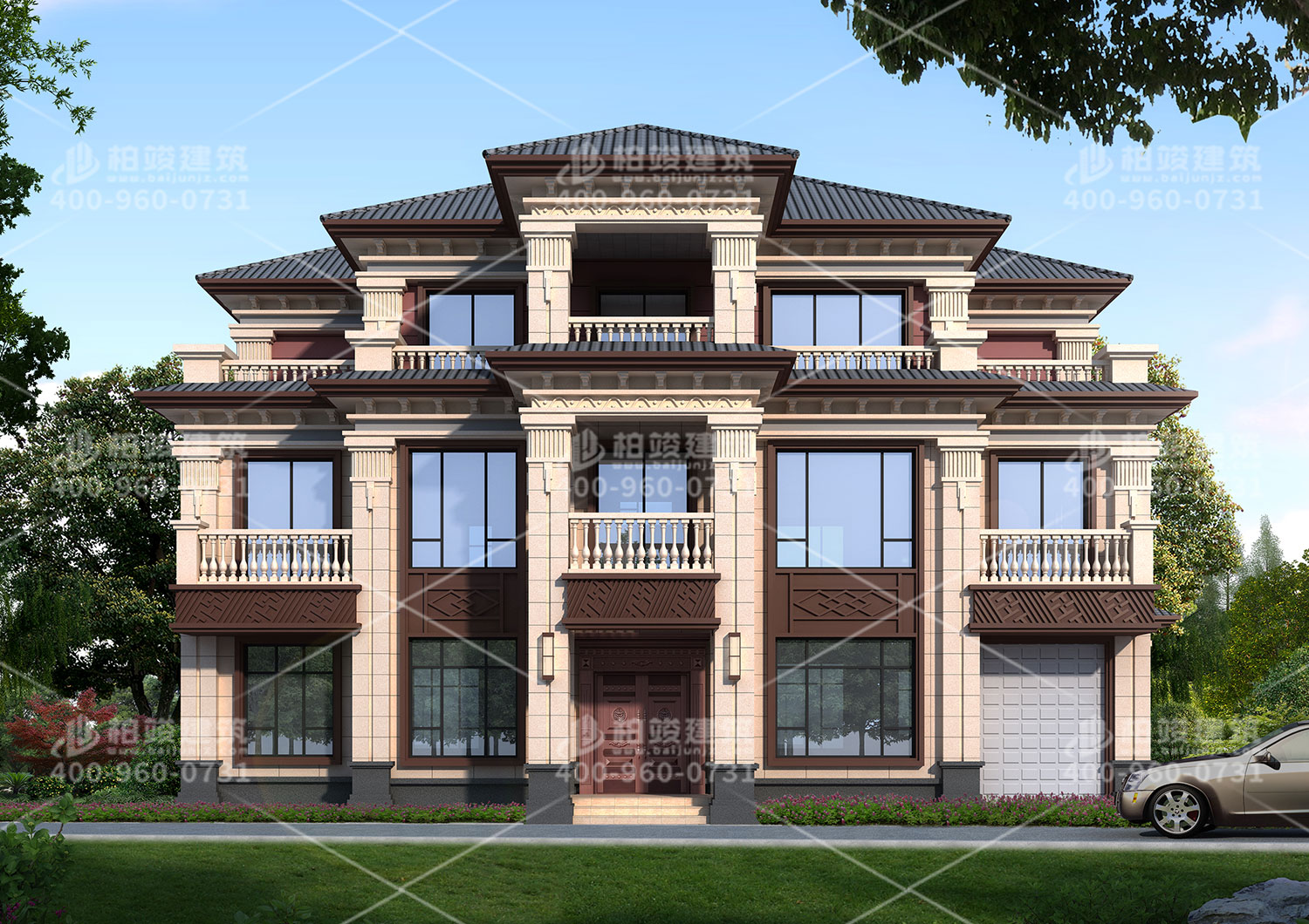 三層新中式別墅效果圖大全，帶車庫大面積豪華別墅。