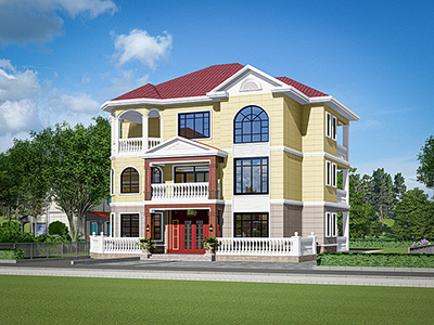 三層樓房設計圖，紅色斜屋頂美極了。