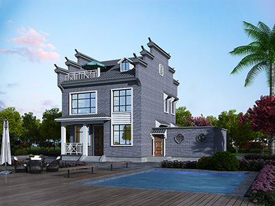 二層中式別墅效果圖，樓頂帶陽關(guān)傘巴適的很