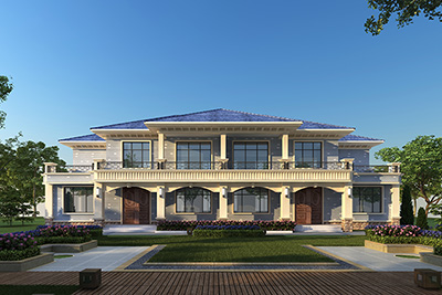 二層雙拼別墅設(shè)計(jì)，米白色和灰色搭配的外墻。