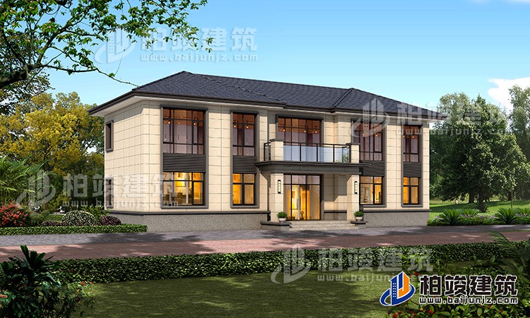 新中式二層別墅，米白色格子線條外墻十分好看。