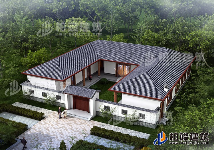 中式三合院平房設(shè)計圖及效果圖、施工圖BZ168-新中式風格