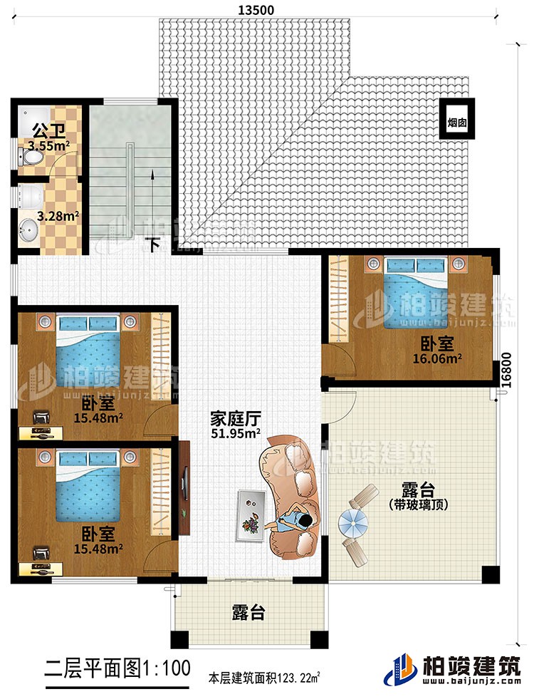 二層：3臥室，家庭廳，2露臺，公衛(wèi)。