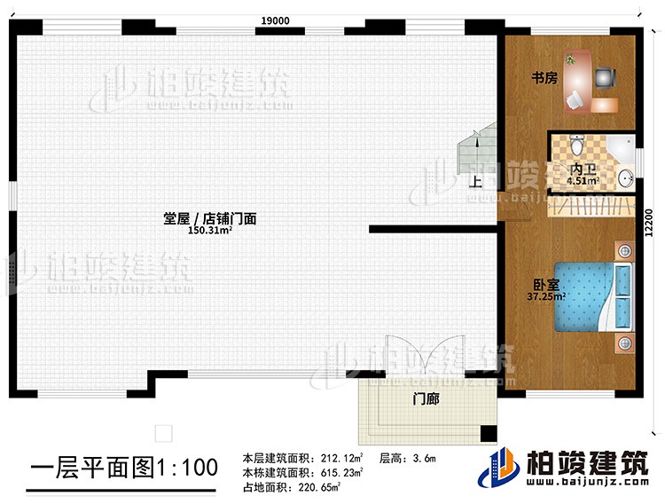 一層：門廊、堂屋/店鋪門面、臥室、書房、內(nèi)衛(wèi)