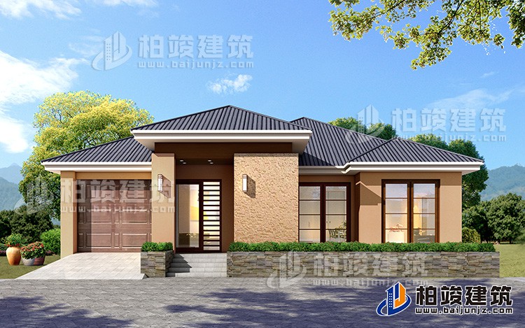 一層鄉(xiāng)村別墅設(shè)計戶型圖，占地200平左右，外觀很時尚BZ113-簡歐風格