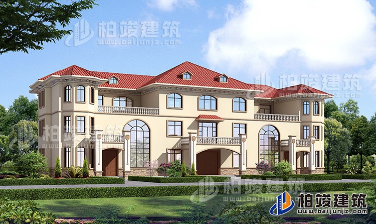 新款農(nóng)村三拼三戶別墅設(shè)計圖及效果圖三層戶型，外觀靚麗新穎BZ387-簡歐風(fēng)格