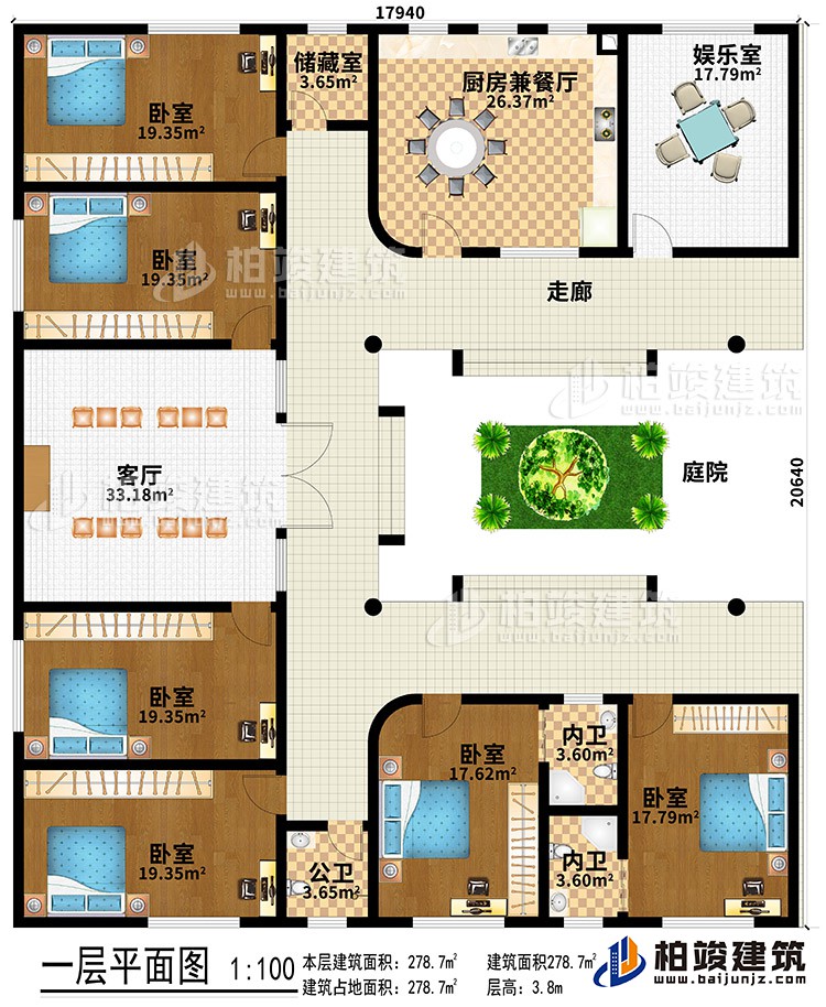 一層：庭院、走廊、客廳、娛樂(lè)室、廚房兼餐廳、儲(chǔ)藏室、6臥室、公衛(wèi)、2內(nèi)衛(wèi)