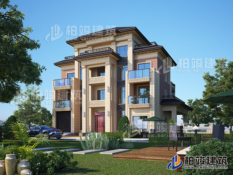 新款農(nóng)村四層別墅設(shè)計(jì)圖紙及效果圖，外立面清新別致BZ412-新中式風(fēng)格