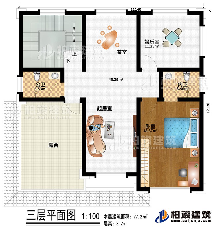 三層：起居室、茶室、娛樂室、公衛(wèi)、內(nèi)衛(wèi)、臥室、露臺