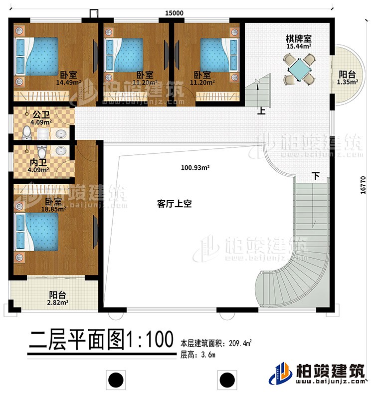 二層：4臥室、公衛(wèi)、內(nèi)衛(wèi)、棋牌室、2陽臺、客廳上空