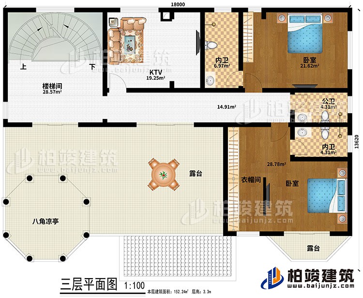 三層：樓梯間、KTV、2臥室、衣帽間、2內衛(wèi)、公衛(wèi)、2露臺、八角涼亭
