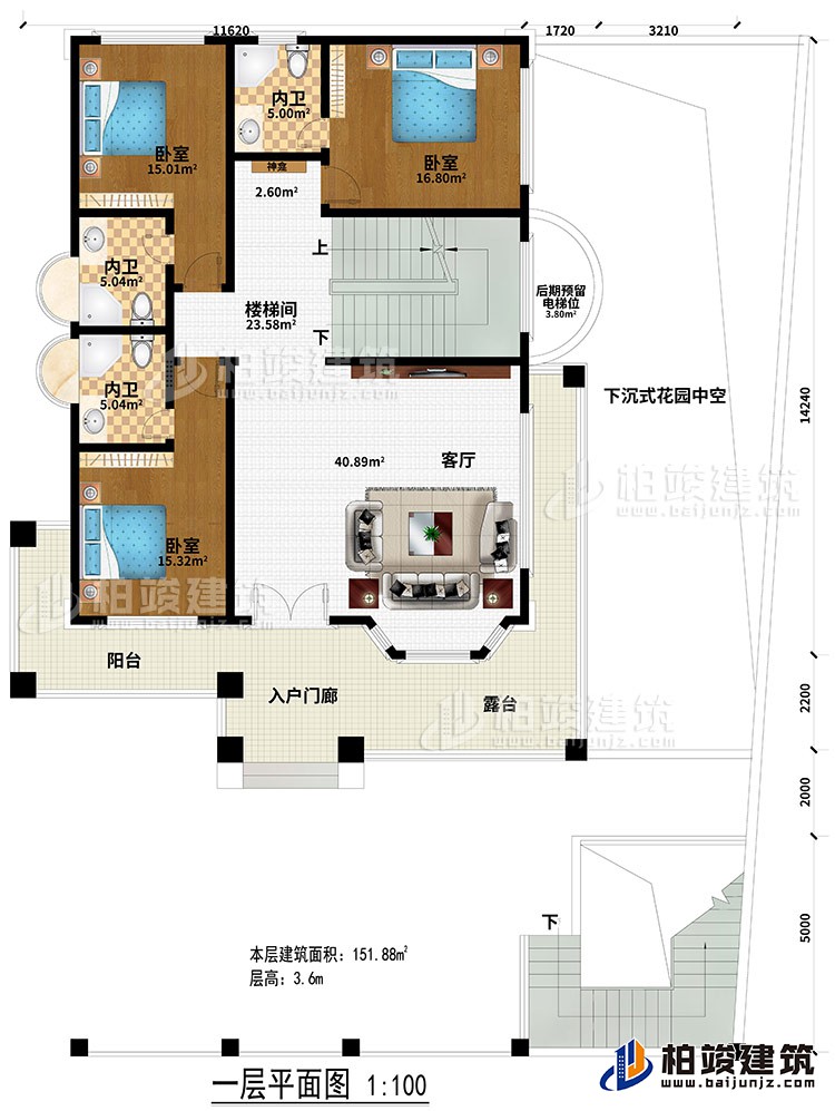 一層：入戶門廊、陽臺(tái)、露臺(tái)、客廳、樓梯間、神龕、3臥室、3內(nèi)衛(wèi)、后期預(yù)留電梯位、下沉式花園中空