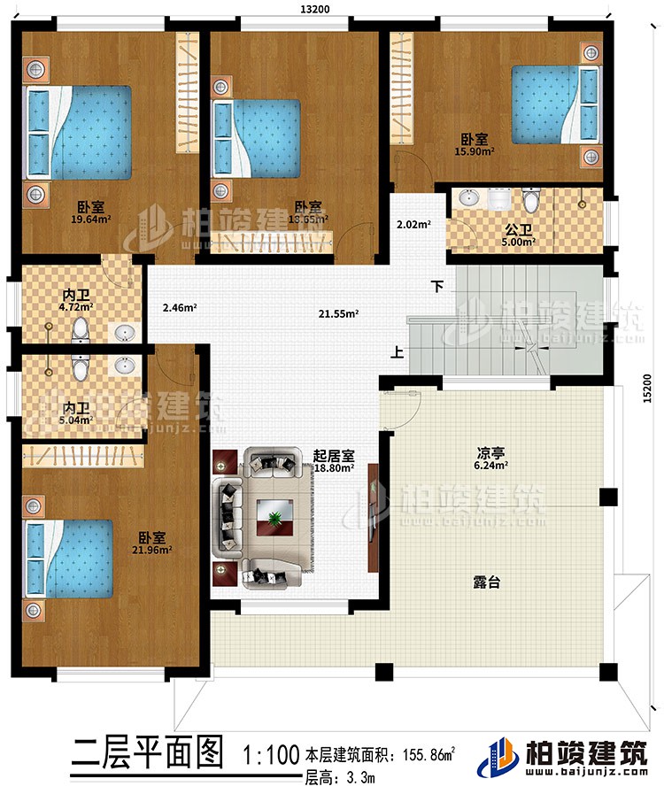 二層：起居室、4臥室、2內(nèi)衛(wèi)、公衛(wèi)、涼亭、露臺(tái)