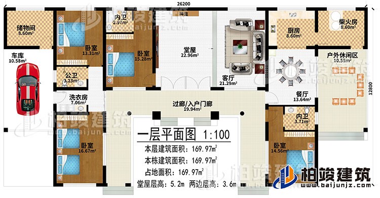 一層：過廊/入戶門廊、堂屋、神龕、客廳、餐廳、廚房、柴火房、戶外休閑區(qū)、儲物間、車庫、洗衣房、4臥室、2內衛(wèi)、公衛(wèi)
