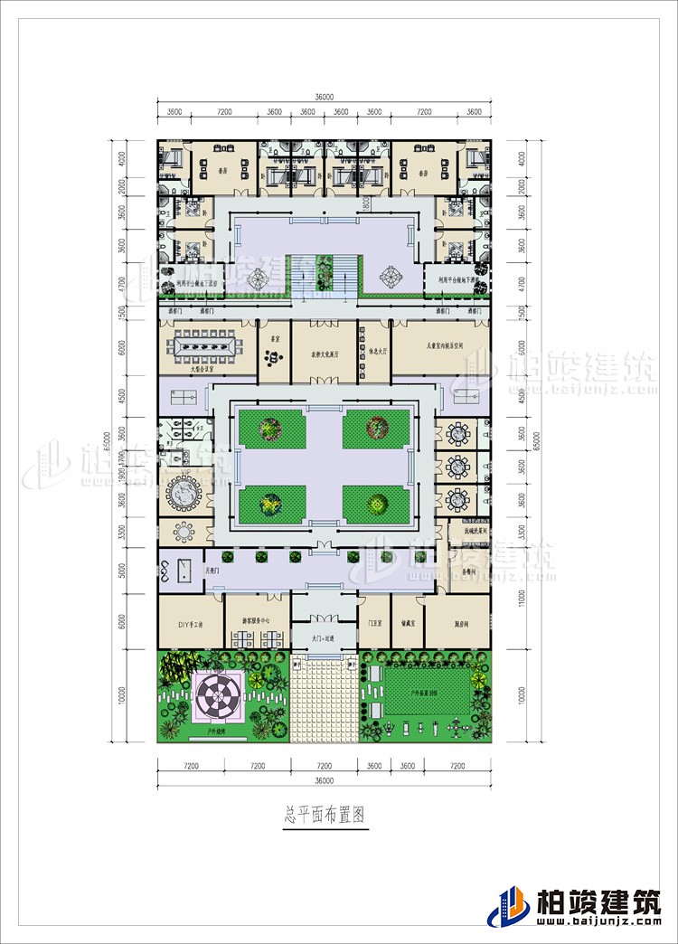 一層：2戶外花園、大門+磚碉、門衛(wèi)室、游客服務(wù)中心、手工坊、3儲(chǔ)藏間、5餐廳、公衛(wèi)、13內(nèi)衛(wèi)、大型會(huì)議室、茶室、文化大廳、休息大廳、兒童室內(nèi)娛樂(lè)空間、客廳、10臥室