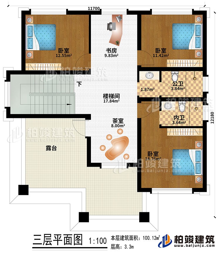 三層：樓梯間、書房、茶室、3臥室、公衛(wèi)、內(nèi)衛(wèi)、露臺