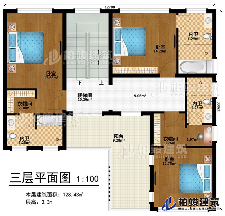三層：樓梯間、3臥室、2衣帽間、3內(nèi)衛(wèi)、陽臺