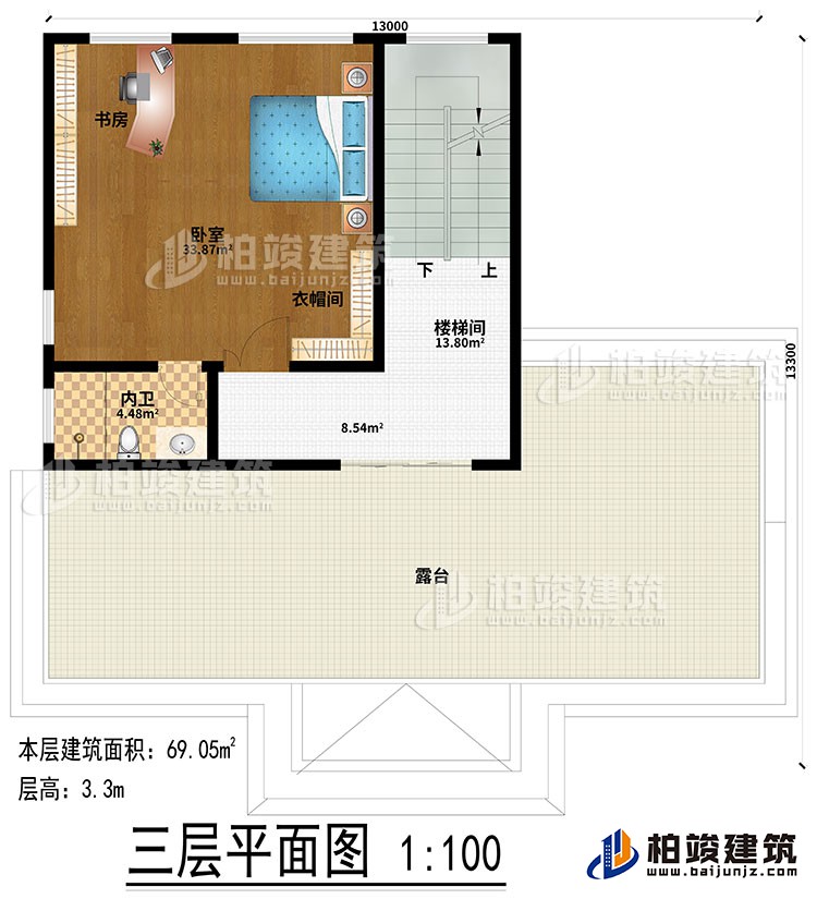 三層：樓梯間、臥室、衣帽間、內(nèi)衛(wèi)、書(shū)房、露臺(tái)