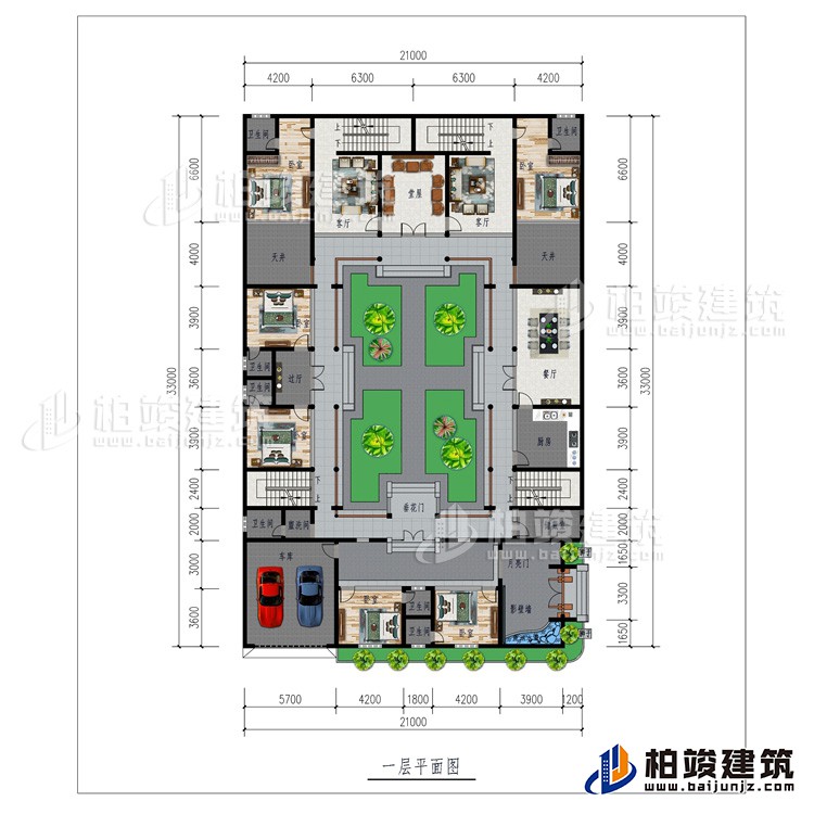 一層：月亮門、影壁墻、6臥室、車庫、6內(nèi)衛(wèi)、公衛(wèi)、儲(chǔ)藏室、廚房、餐廳、過廳、2天井2客廳、堂屋、垂花門