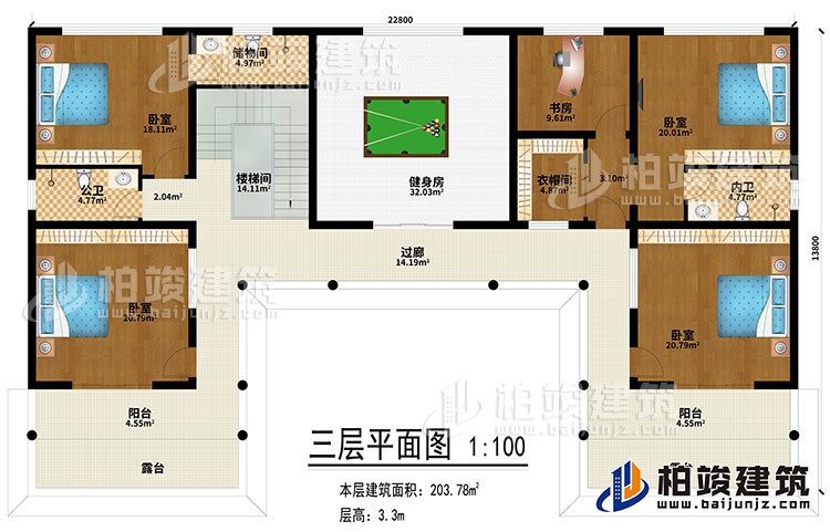 三層：健身房、過廊、樓梯間、4臥室、書房、衣帽間、公衛(wèi)、2內衛(wèi)、2陽臺、2露臺、