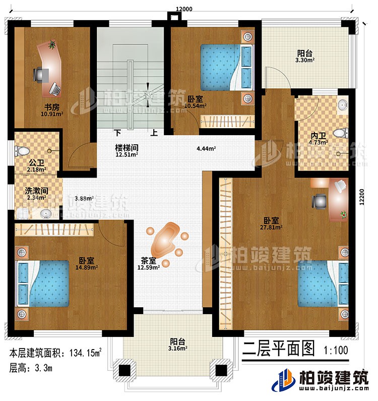 二層：樓梯間、茶室、3臥室、洗漱間、公衛(wèi)、內(nèi)衛(wèi)、2陽臺