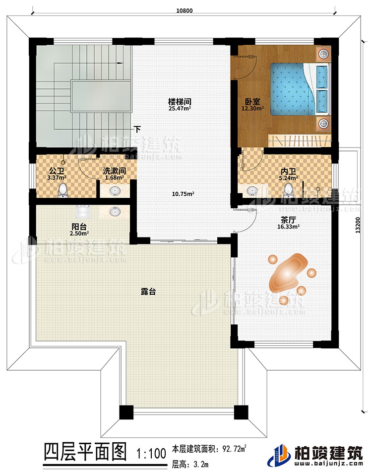 四層：樓梯間、臥室、洗漱間、公衛(wèi)、內(nèi)衛(wèi)、陽(yáng)臺(tái)、露臺(tái)